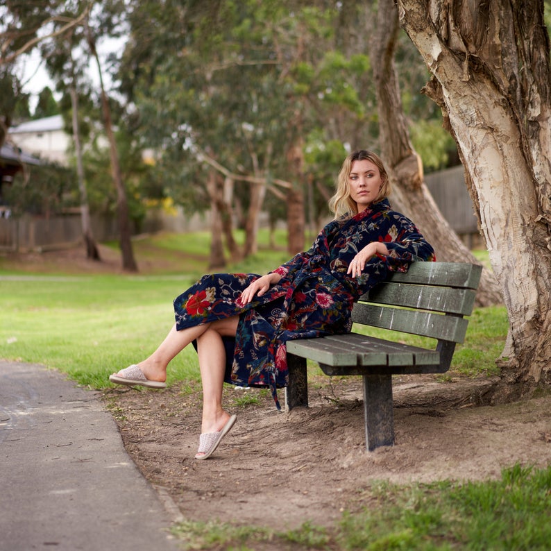 Floral Velvet Kimono – Frida Kahlo Inspired Hand-Printed Cotton Velvet Robe