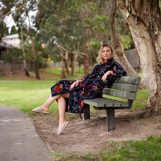 Floral Velvet Kimono – Frida Kahlo Inspired Hand-Printed Cotton Velvet Robe