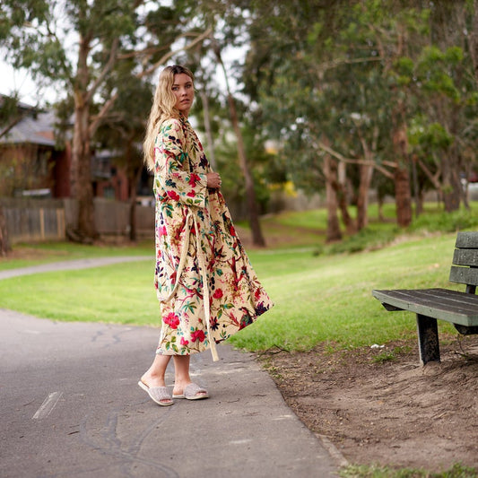 Floral Kimono – Frida Kahlo Inspired Hand-Printed Cotton Velvet Robe