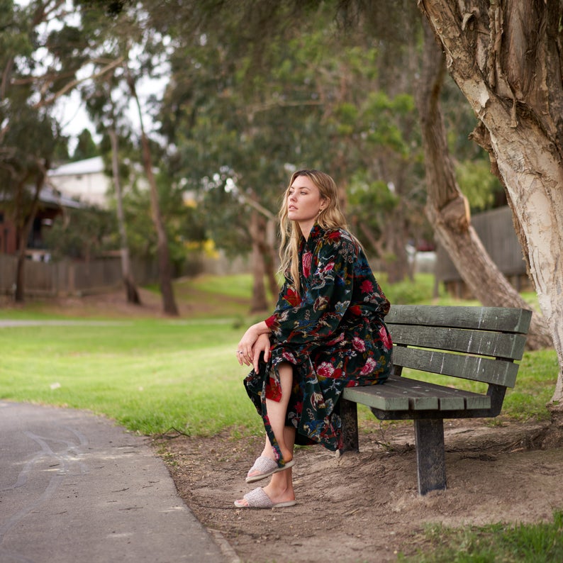 Luxe Botanicals Kimono – Frida Kahlo Inspired Hand-Printed Velvet Robe