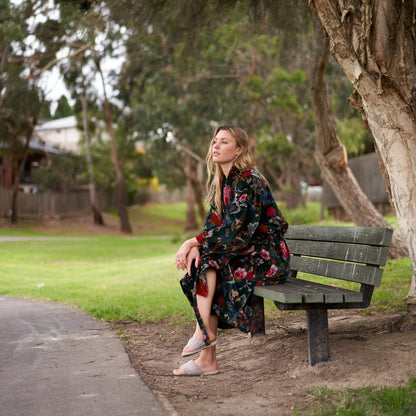 Luxe Botanicals Kimono – Frida Kahlo Inspired Hand-Printed Velvet Robe