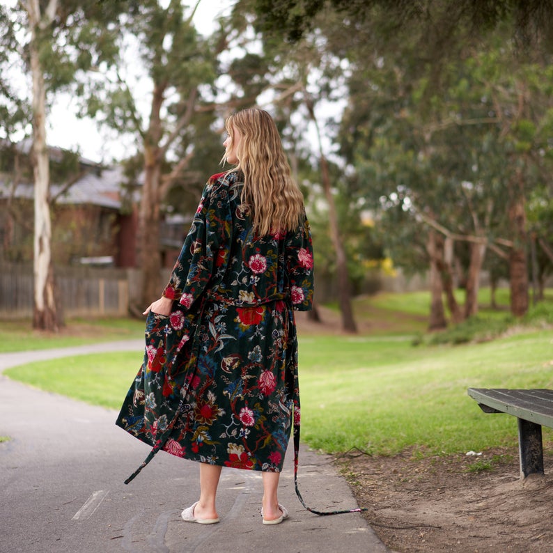 Luxe Botanicals Kimono – Frida Kahlo Inspired Hand-Printed Velvet Robe