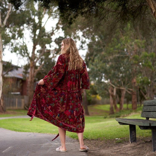 Sophisticated Splendour Kimono – Frida Kahlo Inspired Hand-Printed Velvet Robe
