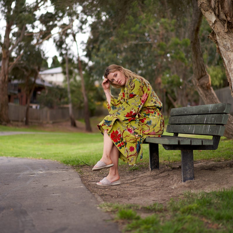 Lavish Blossoms Kimono – Frida Kahlo Inspired Hand-Printed Velvet Robe