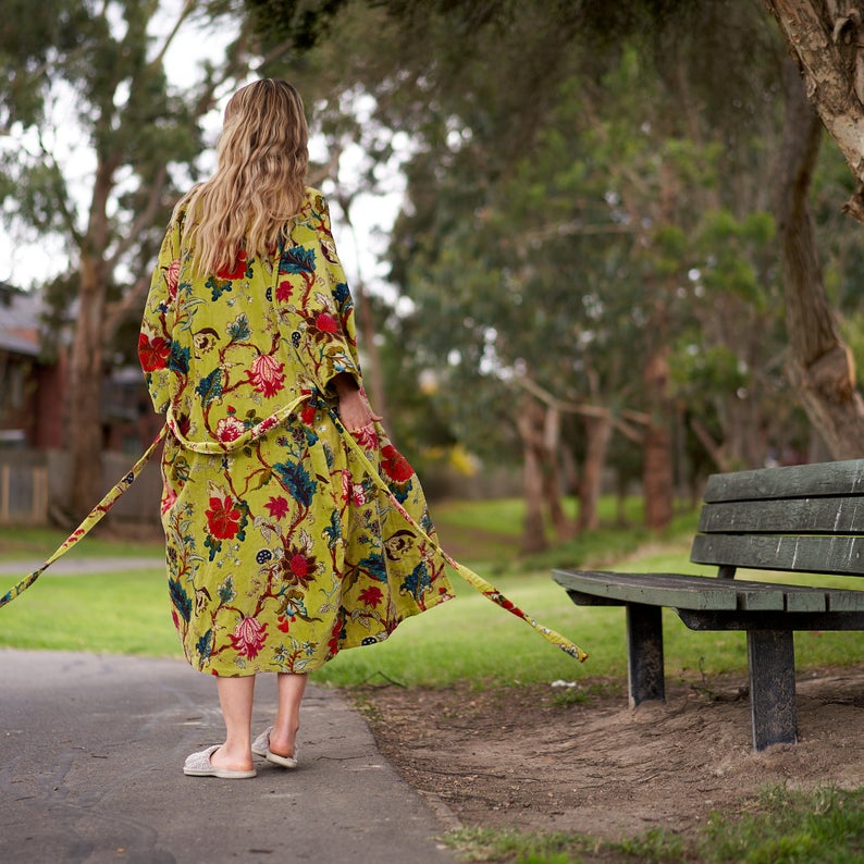 Lavish Blossoms Kimono – Frida Kahlo Inspired Hand-Printed Velvet Robe
