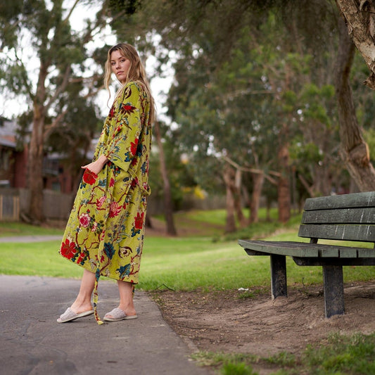 Lavish Blossoms Kimono – Frida Kahlo Inspired Hand-Printed Velvet Robe
