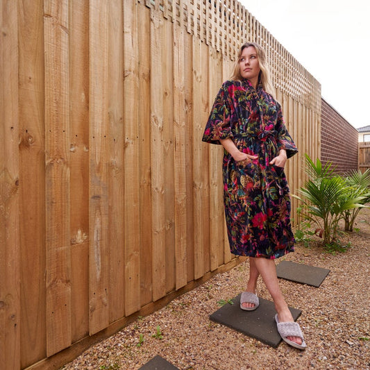 Lavish Luxury Kimono – Frida Kahlo Inspired Hand-Printed Velvet Robe