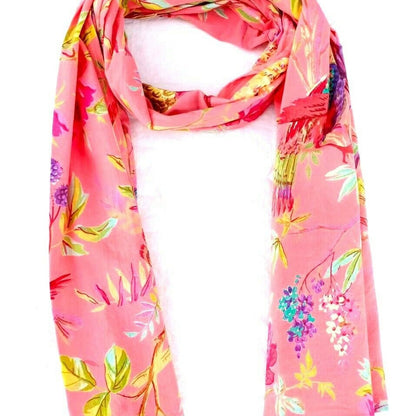 Elegant floral print scarf with soft fabric draped beautifully
