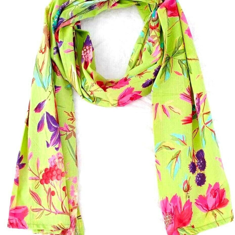 Vibrant silk scarf with intricate blue design

