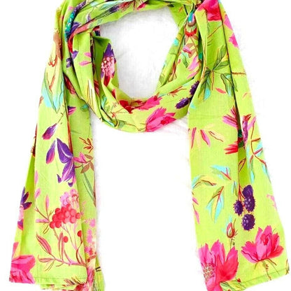 Vibrant silk scarf with intricate blue design
