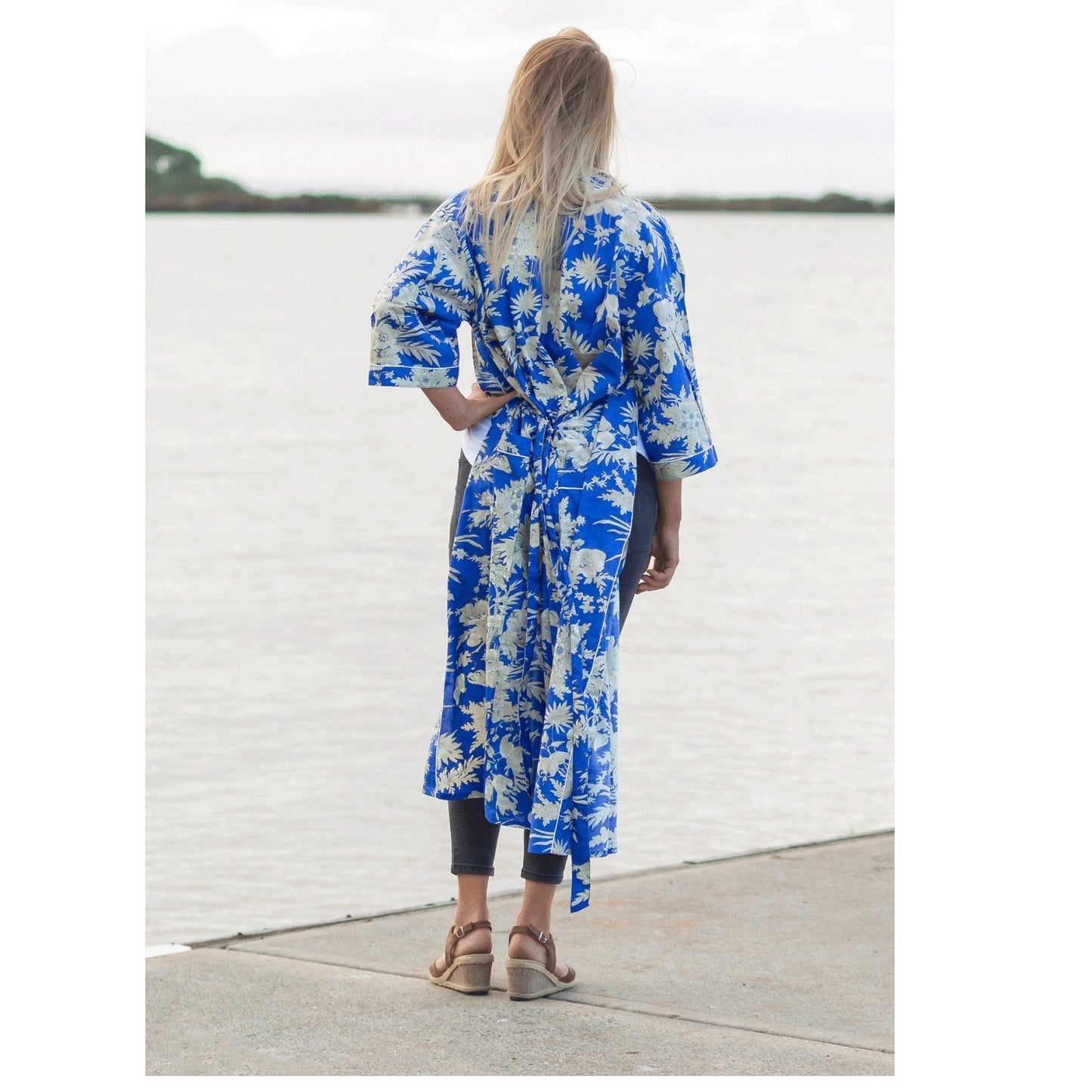 Boho Blue Kimono – Tropical Bird of Paradise Print Cotton Robe