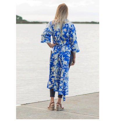 Boho Blue Kimono – Tropical Bird of Paradise Print Cotton Robe