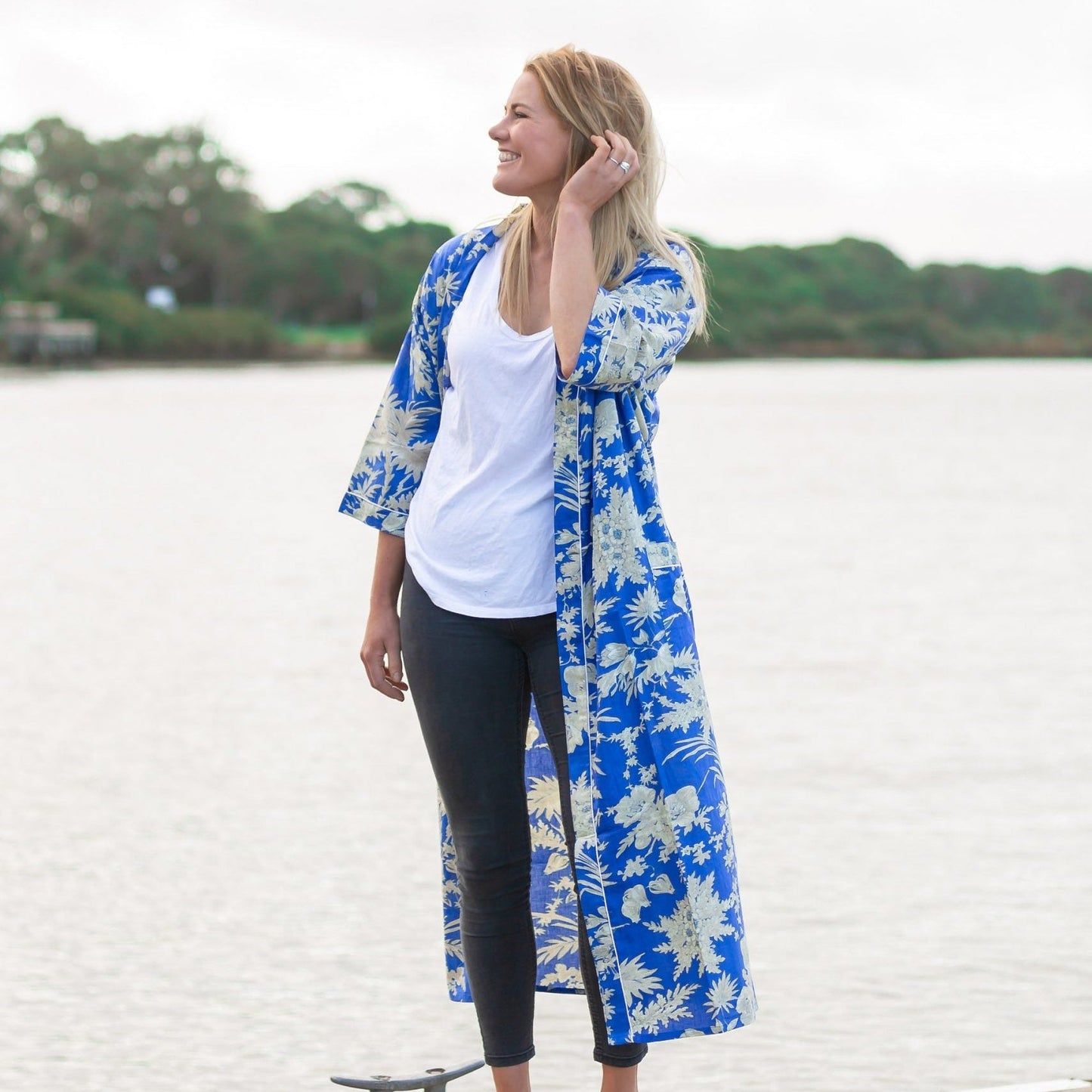 Boho Blue Kimono – Tropical Bird of Paradise Print Cotton Robe