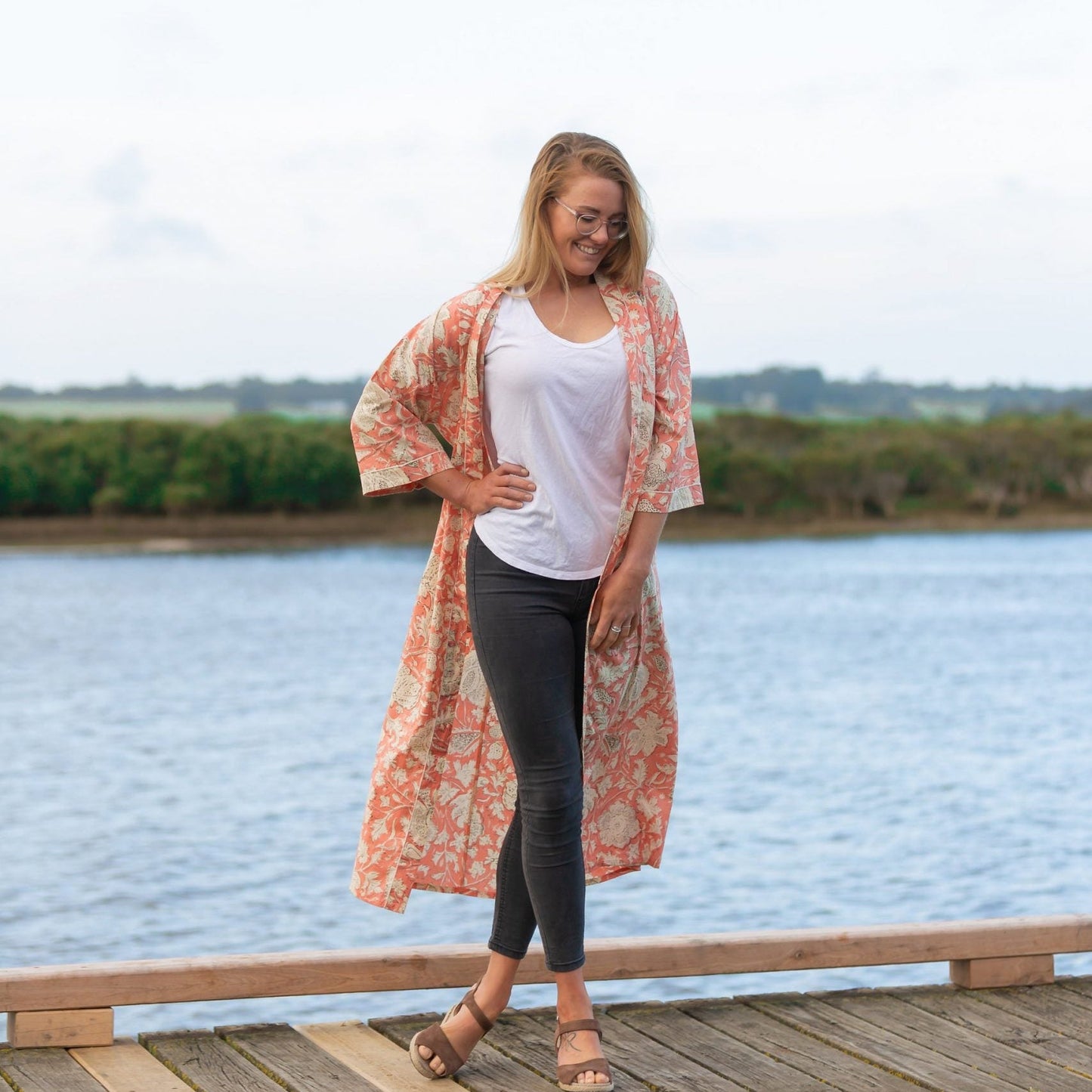 Blushing Sunset Petal Kimono – Tropical Bird of Paradise Cotton Robe