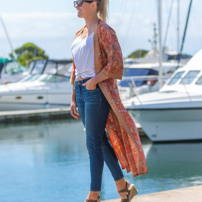 Grevillea Kimono – Hand-Printed Cotton Bathrobe, Lightweight & Versatile