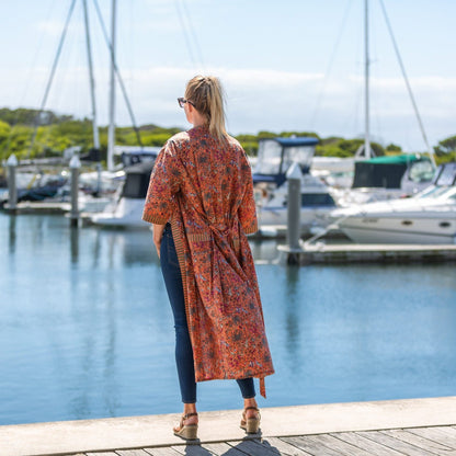 Grevillea Kimono – Hand-Printed Cotton Bathrobe, Lightweight & Versatile
