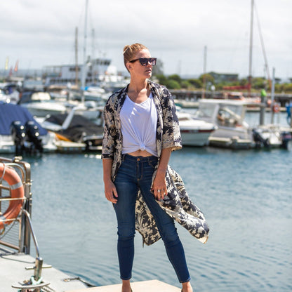 Navy Dream Kimono – Hand-Printed Floral Cotton Bathrobe