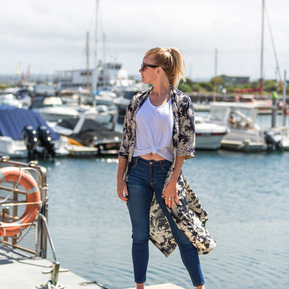 Navy Dream Kimono – Hand-Printed Floral Cotton Bathrobe