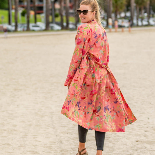 Crimson Birdsong Cotton Kimono – Tropical Floral Hand-Screened