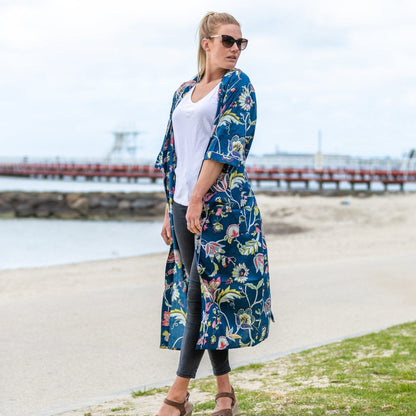 Blue Petals Cotton Kimono – Bird of Paradise Print