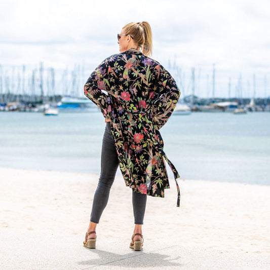 Noir Blooms Cotton Kimono – Dark Floral Design, Free Size
