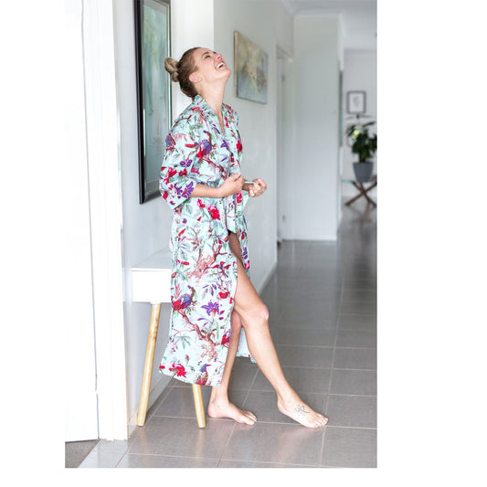 Floral cotton kimono bathrobe with vibrant bird print

