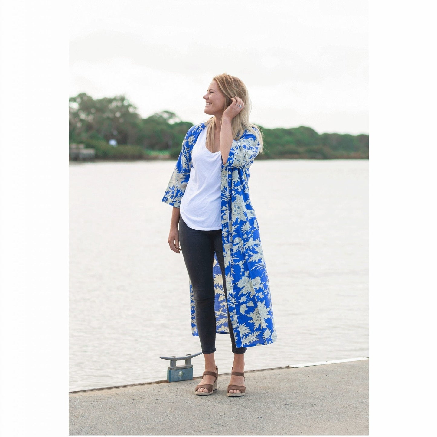 Boho Blue Kimono – Tropical Bird of Paradise Print Cotton Robe