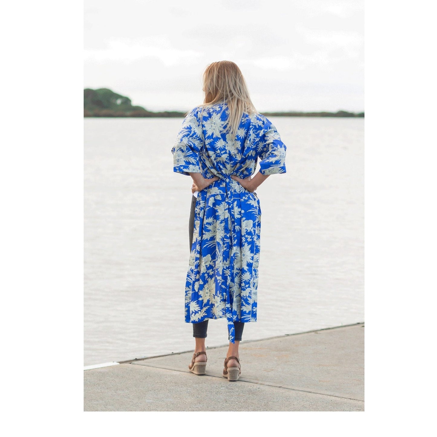Boho Blue Kimono – Tropical Bird of Paradise Print Cotton Robe