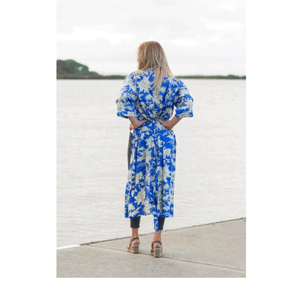 Boho Blue Kimono – Tropical Bird of Paradise Print Cotton Robe