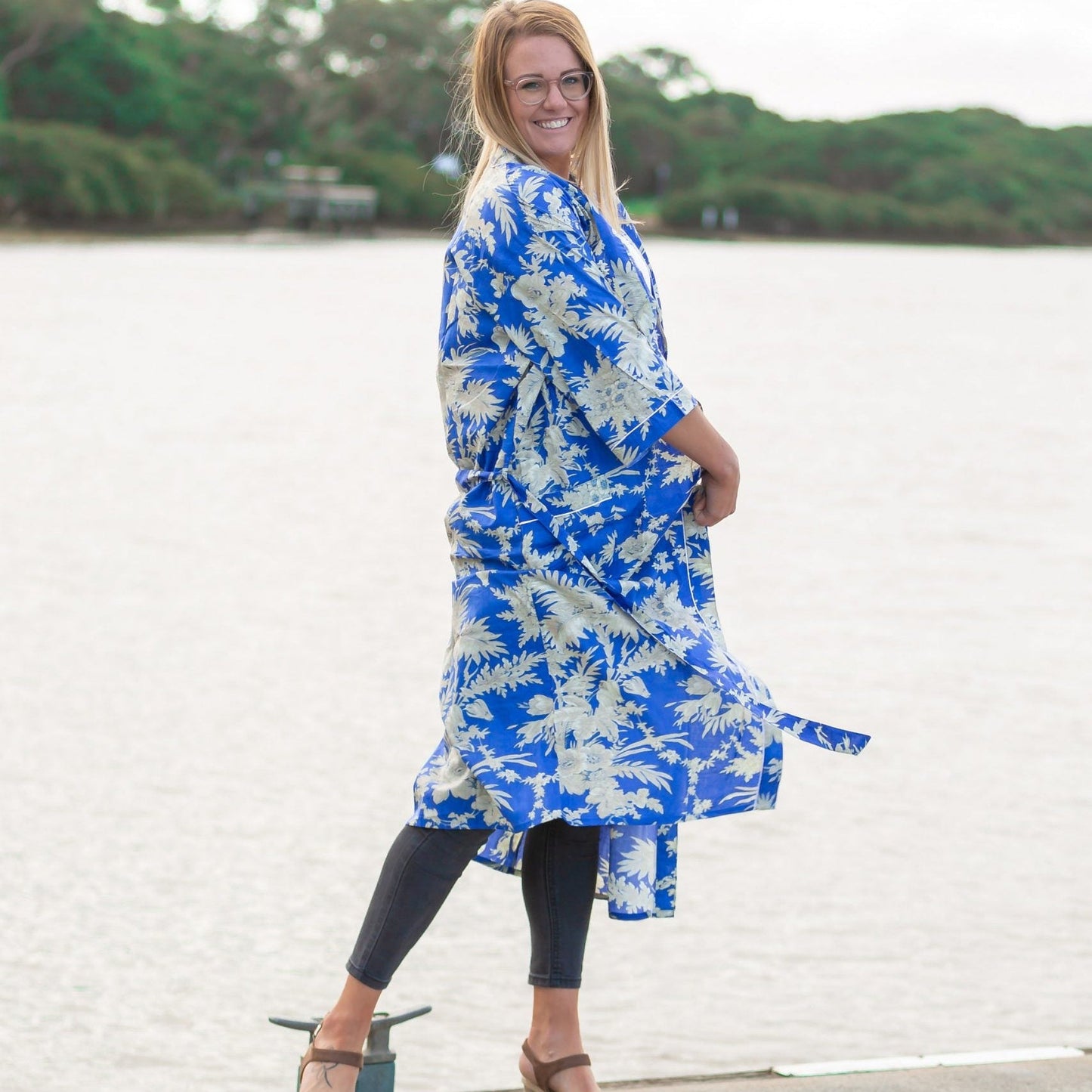 Boho Blue Kimono – Tropical Bird of Paradise Print Cotton Robe