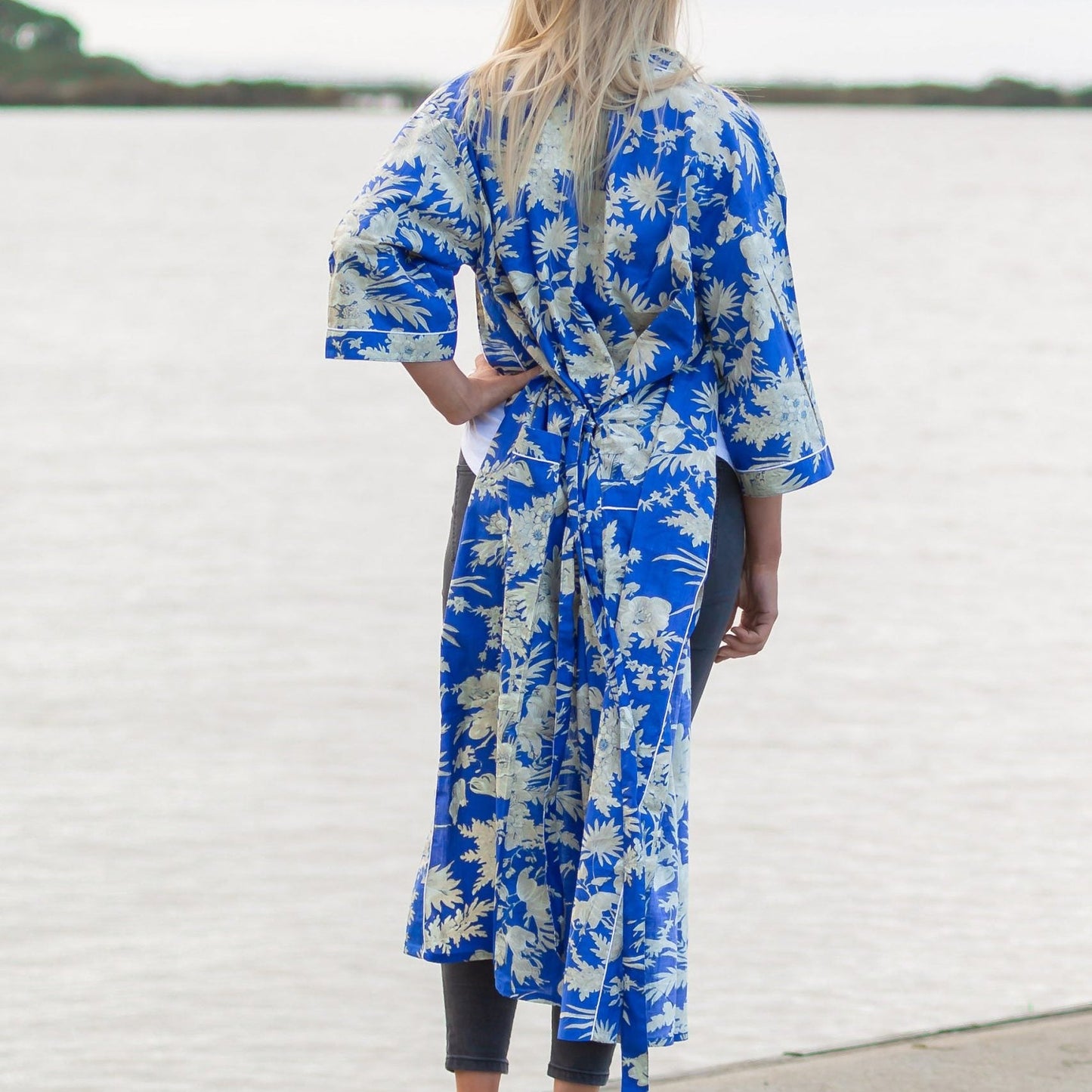 Boho Blue Kimono – Tropical Bird of Paradise Print Cotton Robe