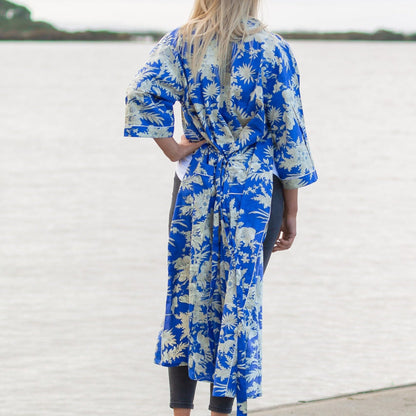Boho Blue Kimono – Tropical Bird of Paradise Print Cotton Robe