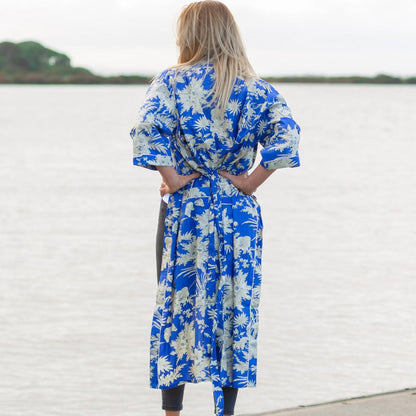 Boho Blue Kimono – Tropical Bird of Paradise Print Cotton Robe