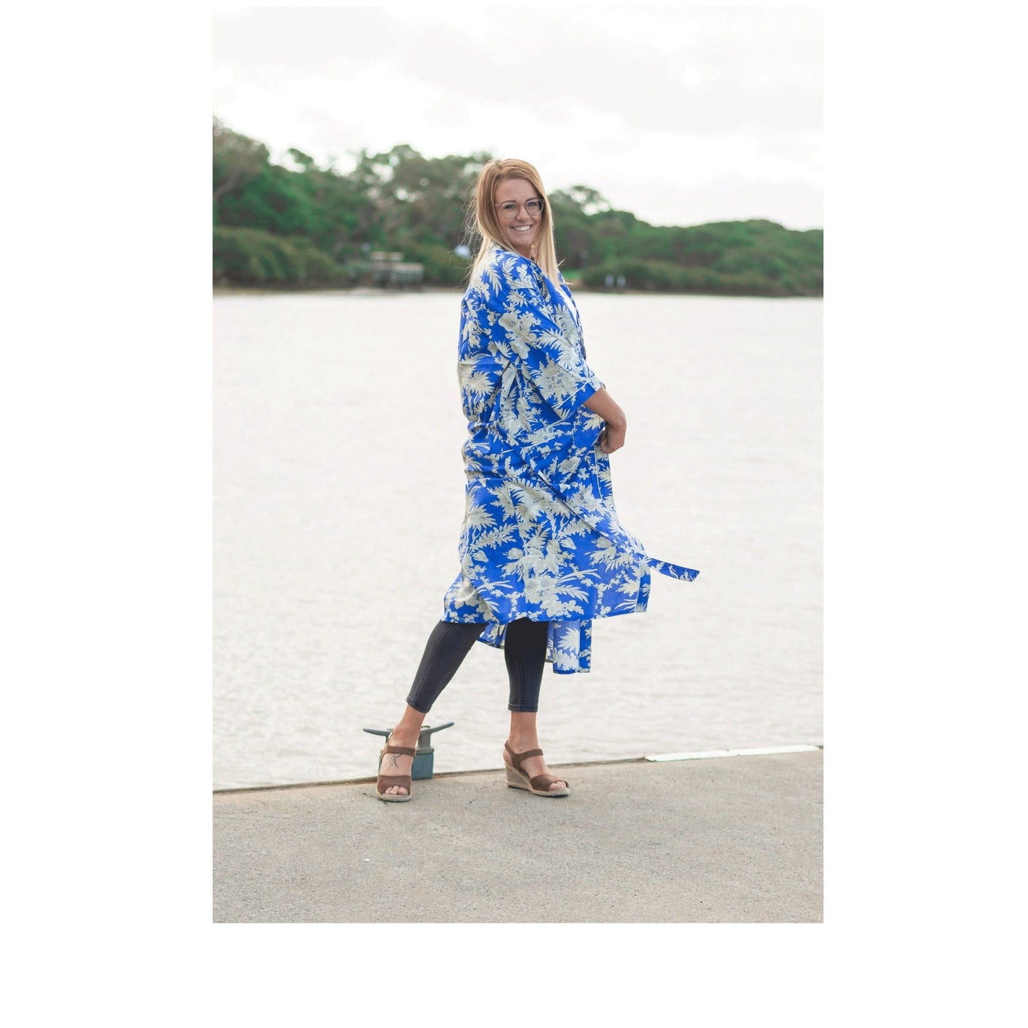 Boho Blue Kimono – Tropical Bird of Paradise Print Cotton Robe