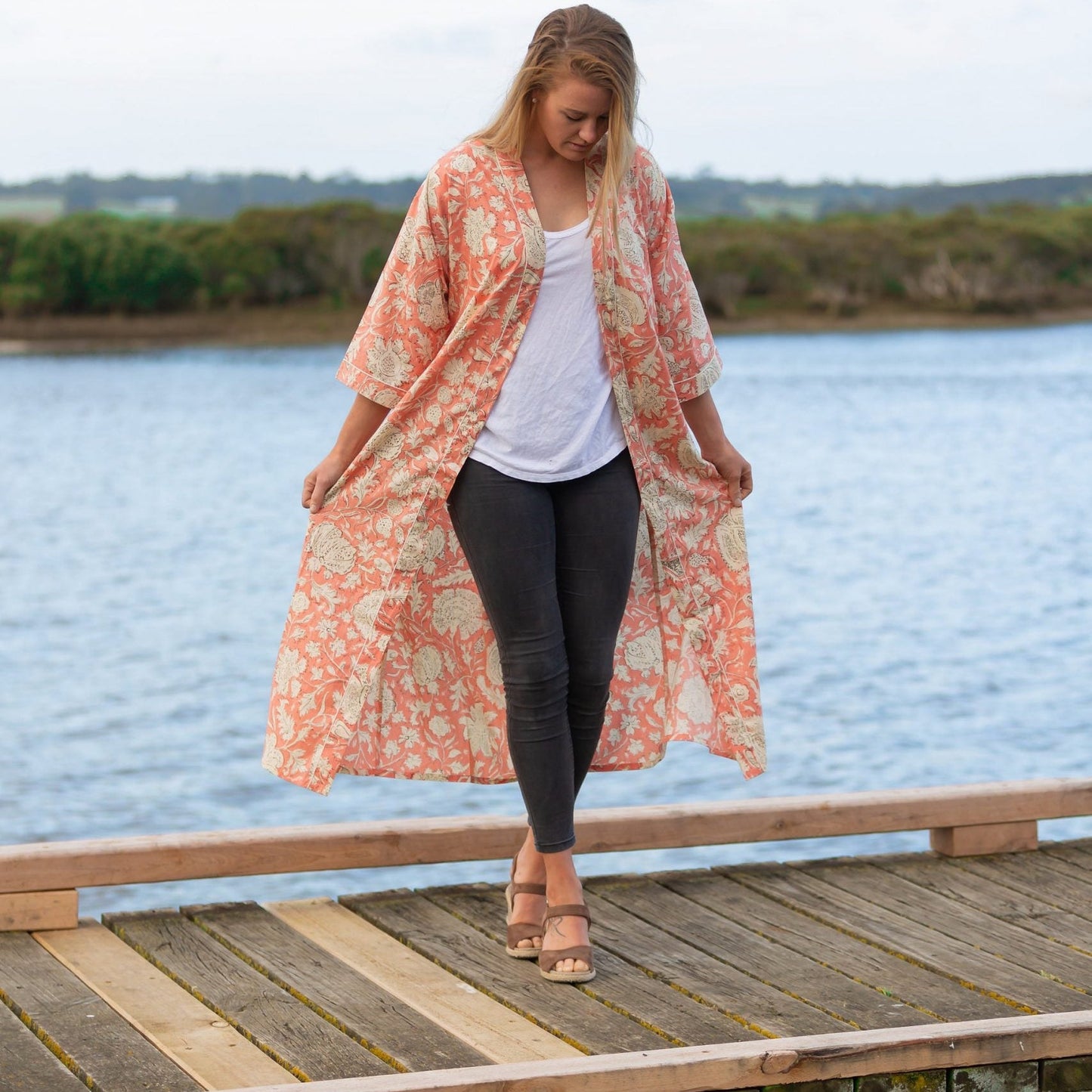 Blushing Sunset Petal Kimono – Tropical Bird of Paradise Cotton Robe