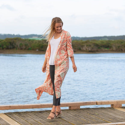 Blushing Sunset Petal Kimono – Tropical Bird of Paradise Cotton Robe