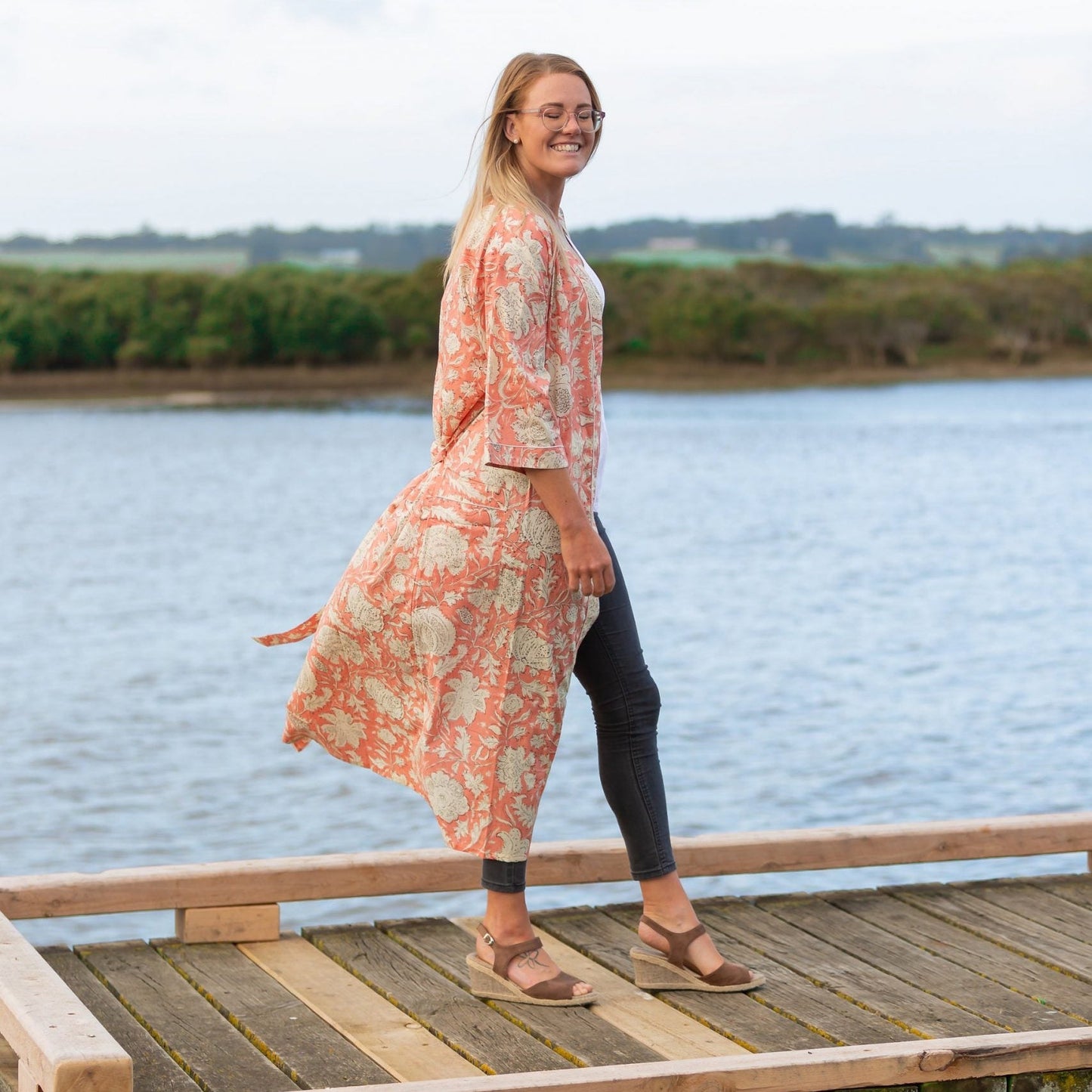 Blushing Sunset Petal Kimono – Tropical Bird of Paradise Cotton Robe