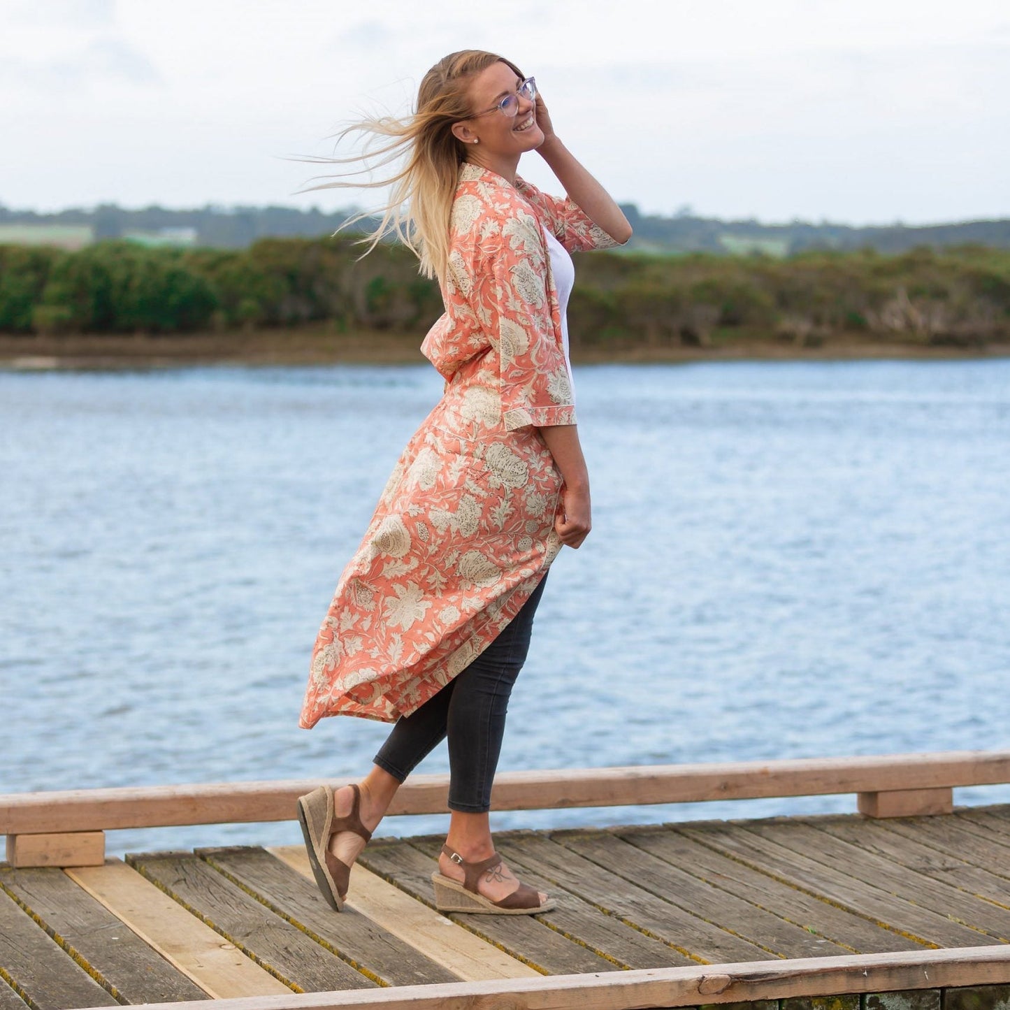 Blushing Sunset Petal Kimono – Tropical Bird of Paradise Cotton Robe