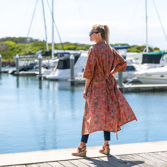 Grevillea Kimono – Hand-Printed Cotton Bathrobe, Lightweight & Versatile