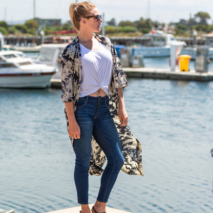 Navy Dream Kimono – 100% Cotton Floral Bathrobe, Hand-Screened