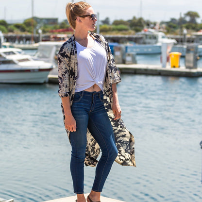 Navy Dream Kimono – Hand-Printed Floral Cotton Bathrobe