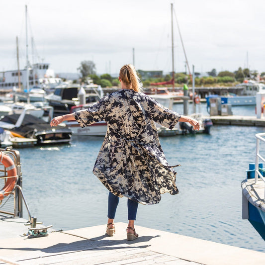 Navy Dream Kimono – Hand-Printed Floral Cotton Bathrobe