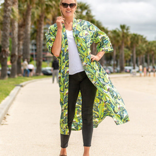 Jade Jungle Cotton Kimono – Frida Kahlo Inspired, Hand-Screened