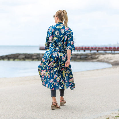 Blue Petals Cotton Kimono – Bird of Paradise Print