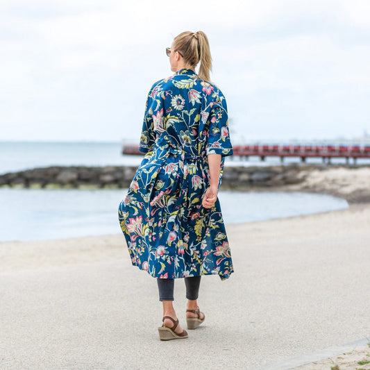 Blue Petals Cotton Kimono – Bird of Paradise Print