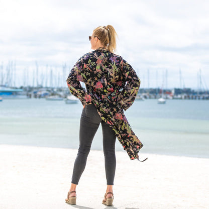 Noir Blooms Cotton Kimono – Dark Floral Design, Free Size