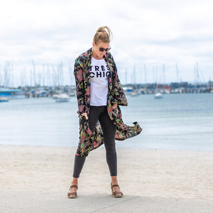 Noir Blooms Cotton Kimono – Dark Floral Design, Free Size
